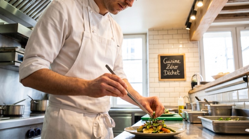 Cuisine professionnelle : chef préparant un plat éco-responsable