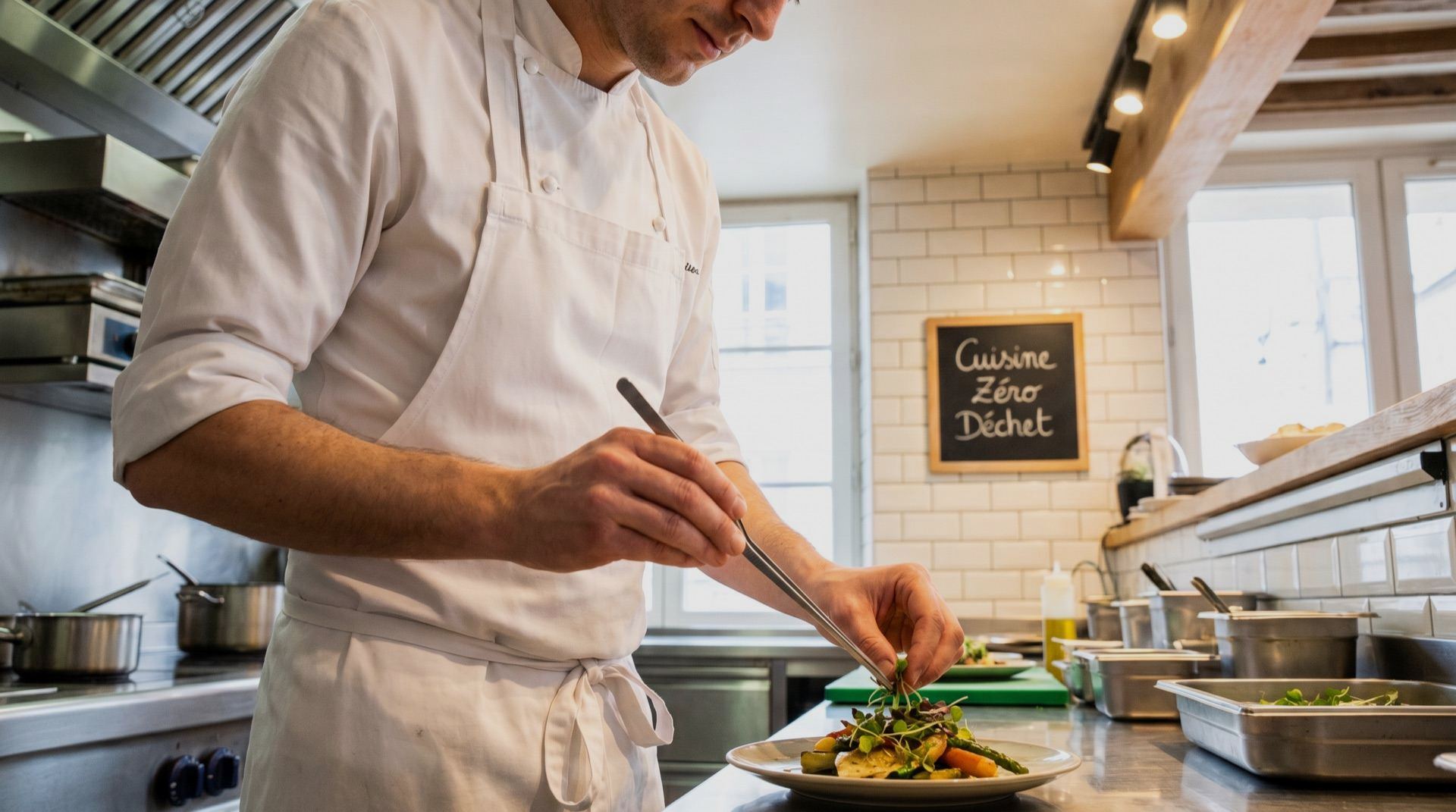 Cuisine professionnelle : chef préparant un plat éco-responsable